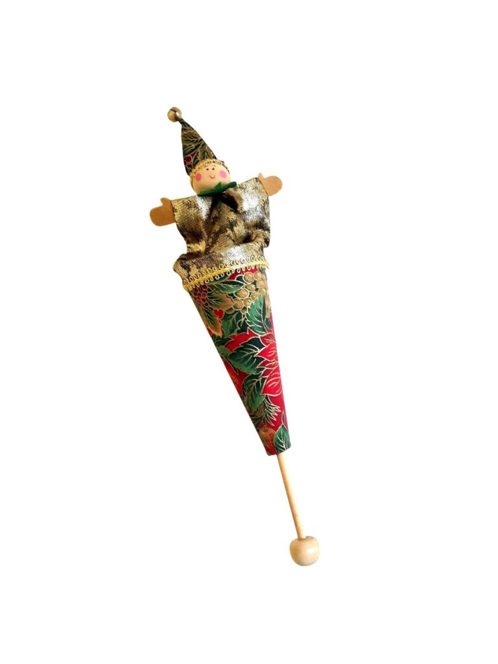 Vintage Christmas Elf Pop Up Cone Puppet Gold Robe Festive Hat Hand-Painted Face